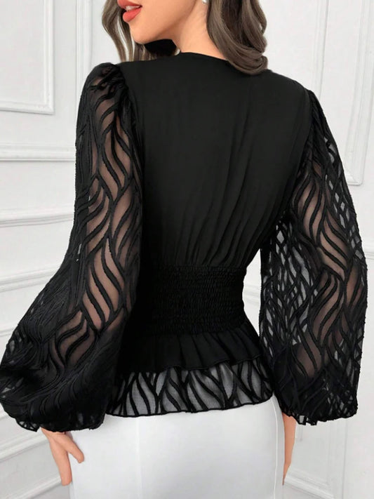 Women's V Neck Lantern Sleeve Waist Shirt