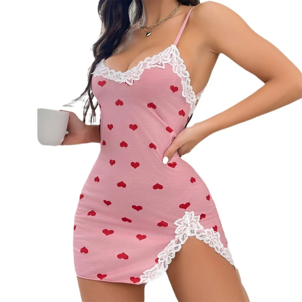 Sexy Deep V Side Slit Camisole Nightgown Heart Print Lingerie