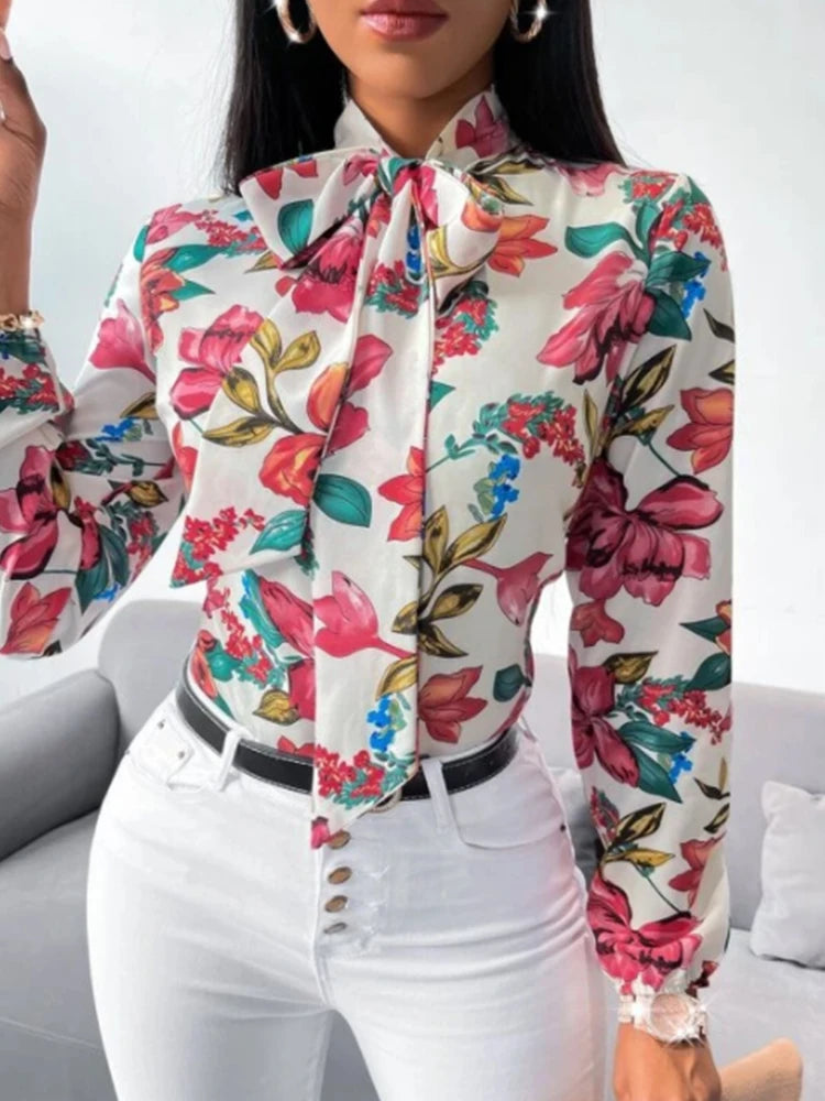 Women's Floral Print Bow Tie Shirt