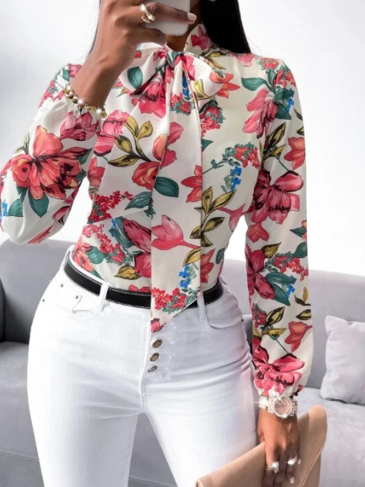 Women's Floral Print Bow Tie Shirt