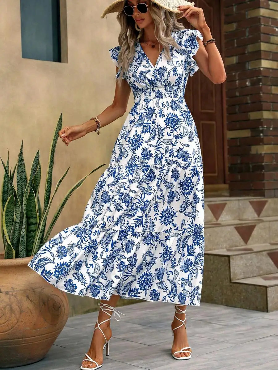 New Floral Print Butterfly Long Dress