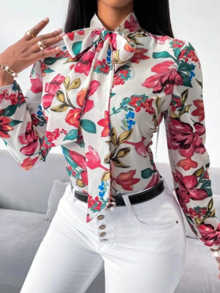 Women's Floral Print Bow Tie Shirt