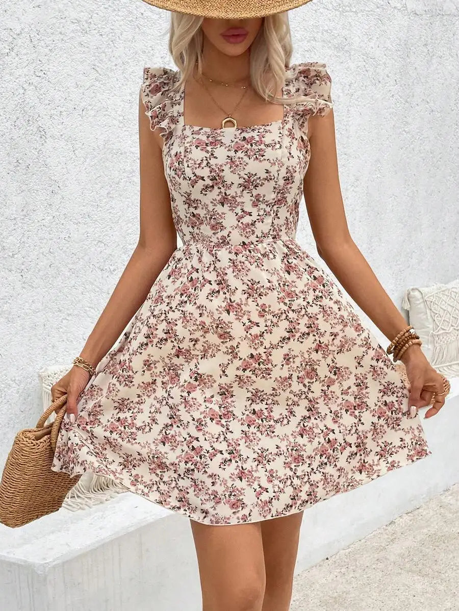 Women's Printed Hollow out Hem Ruffle Trim Dress