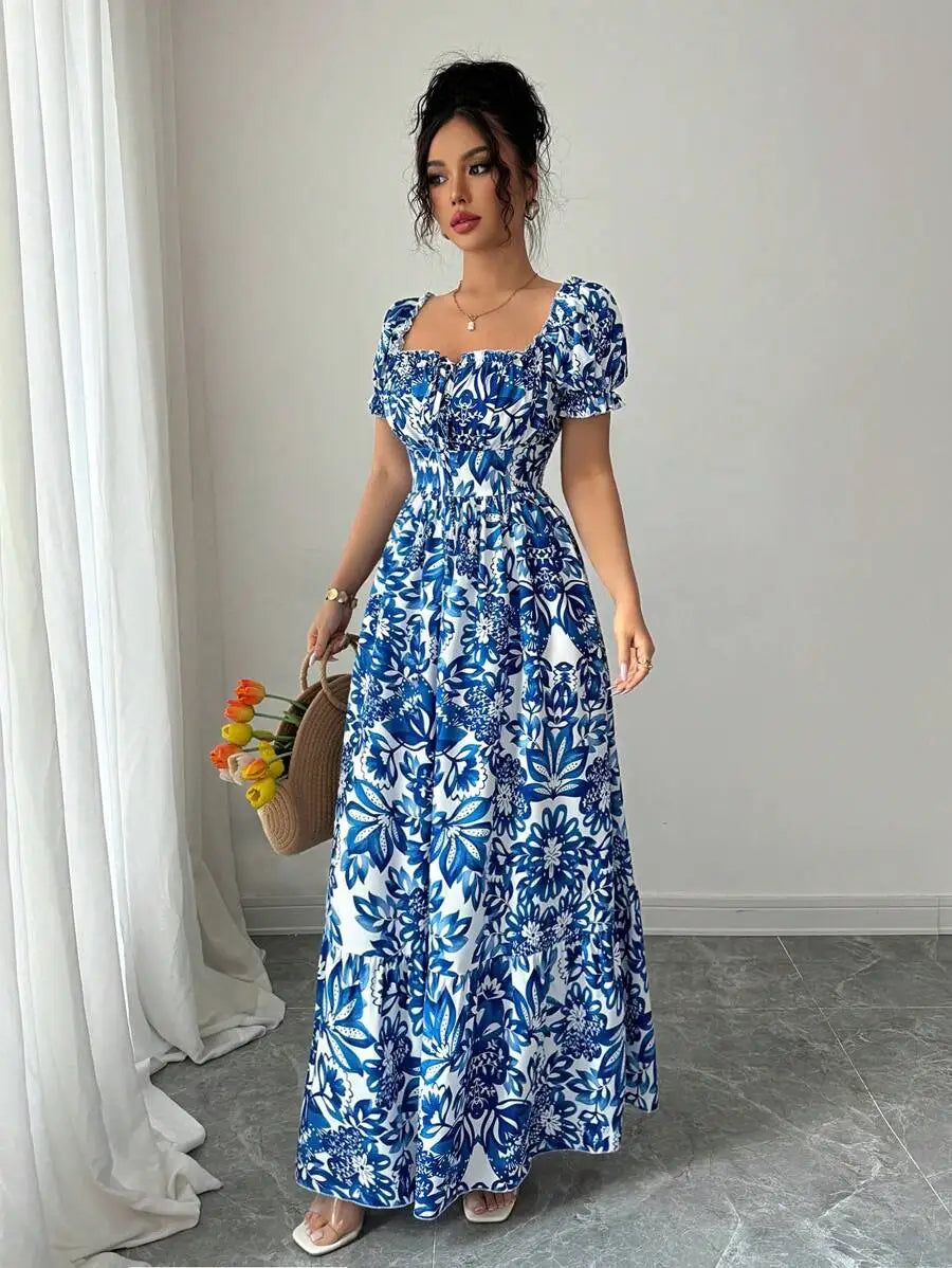 Elegant Women's Floral Print Bubble Sleeve Dress