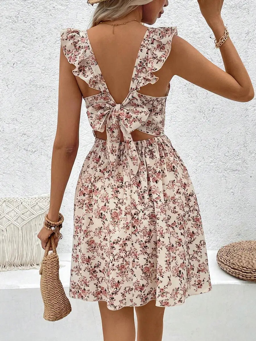 Women's Printed Hollow out Hem Ruffle Trim Dress
