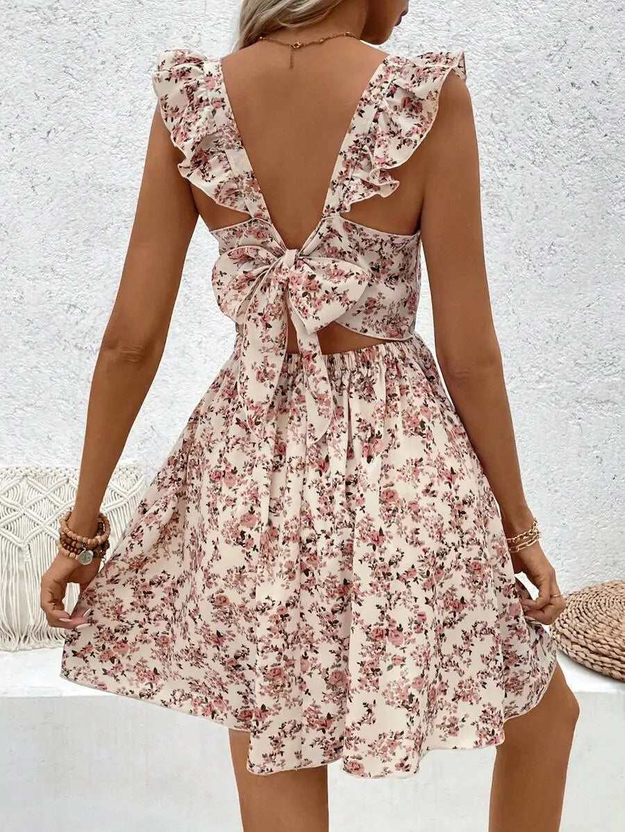 Women's Printed Hollow out Hem Ruffle Trim Dress