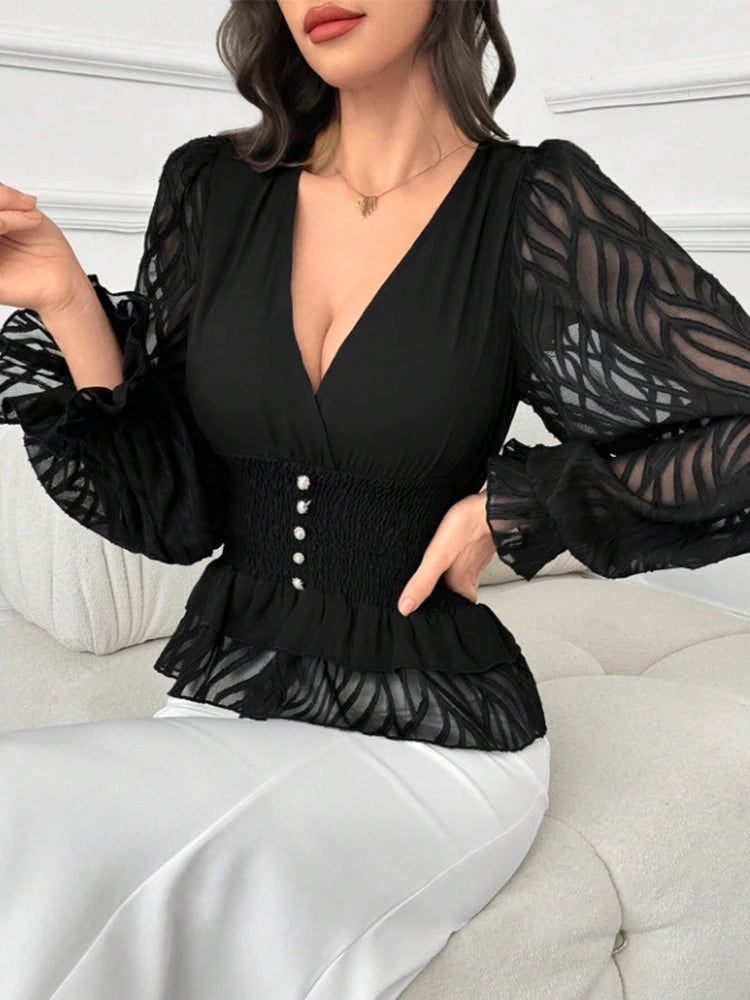 Women's V Neck Lantern Sleeve Waist Shirt