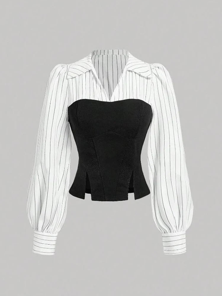 Women's Striped Spliced Lapel Shirt
