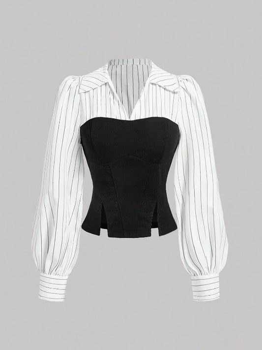 Women's Striped Spliced Lapel Shirt
