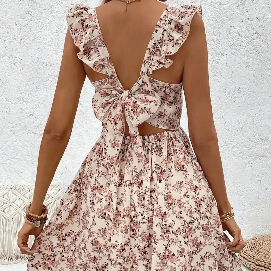 Women's Printed Hollow out Hem Ruffle Trim Dress