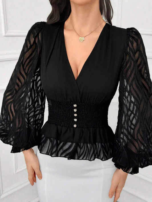 Women's V Neck Lantern Sleeve Waist Shirt