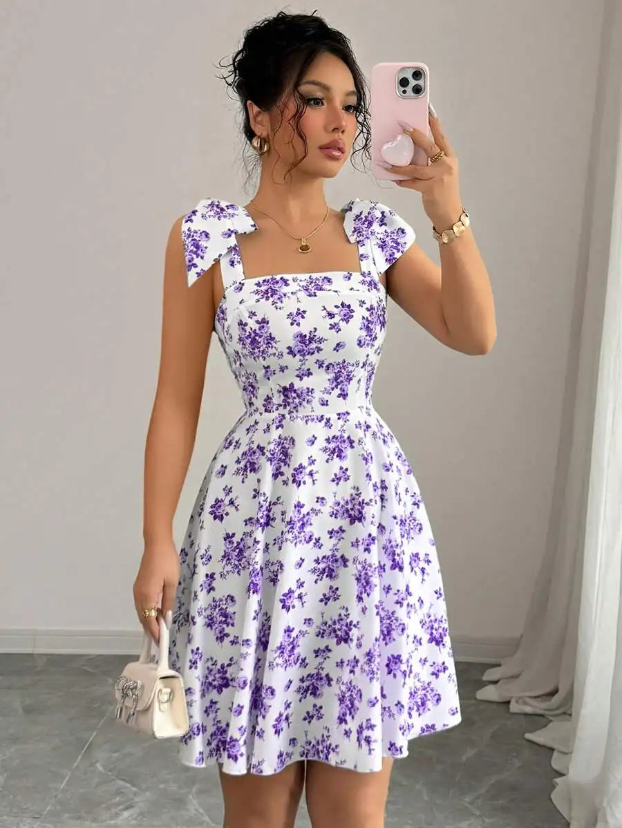 Floral Shoulder Tie Bow Waisted A-Line Dress
