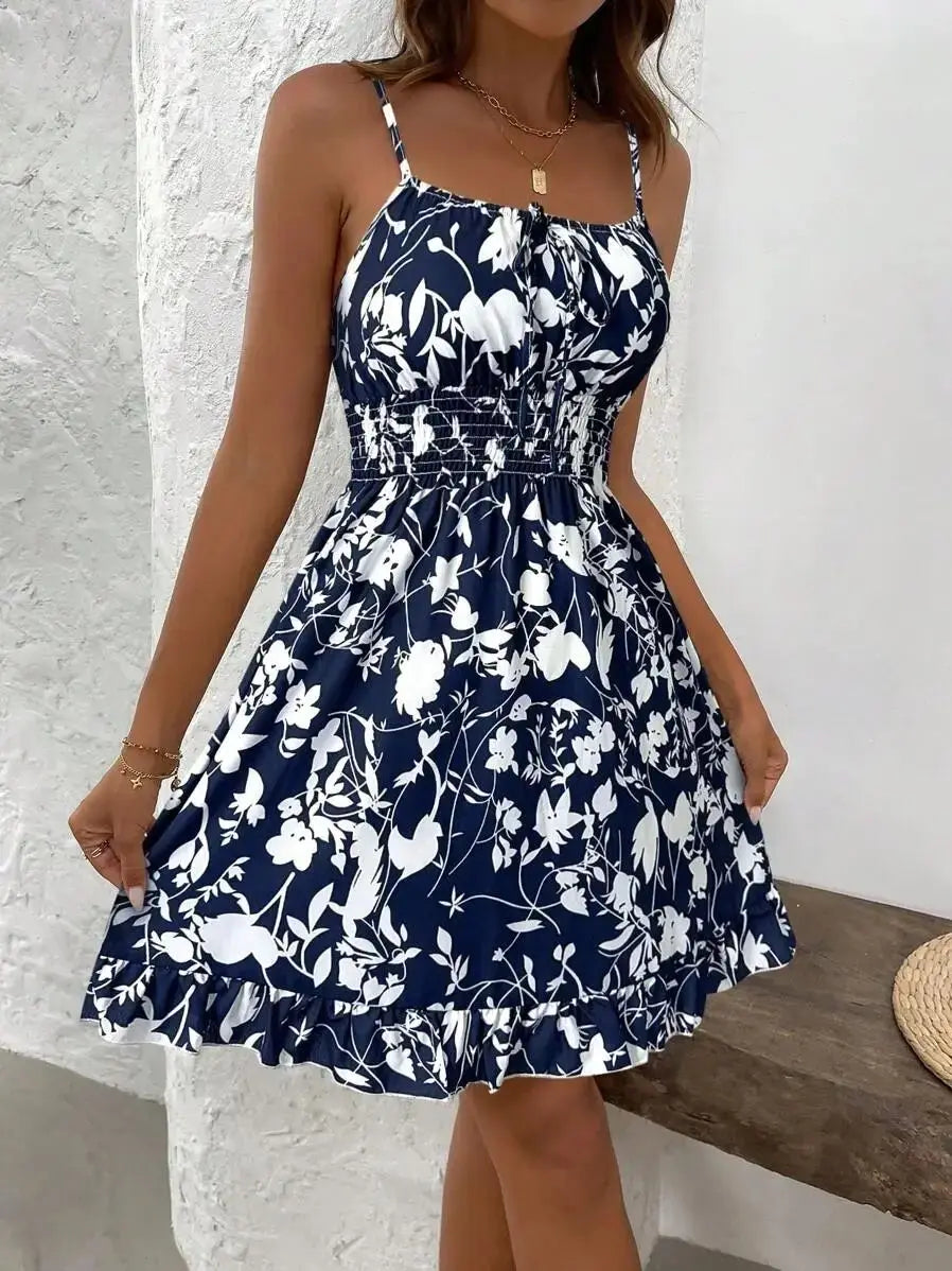 Vintage Floral Print Tie-Up Slip Dress