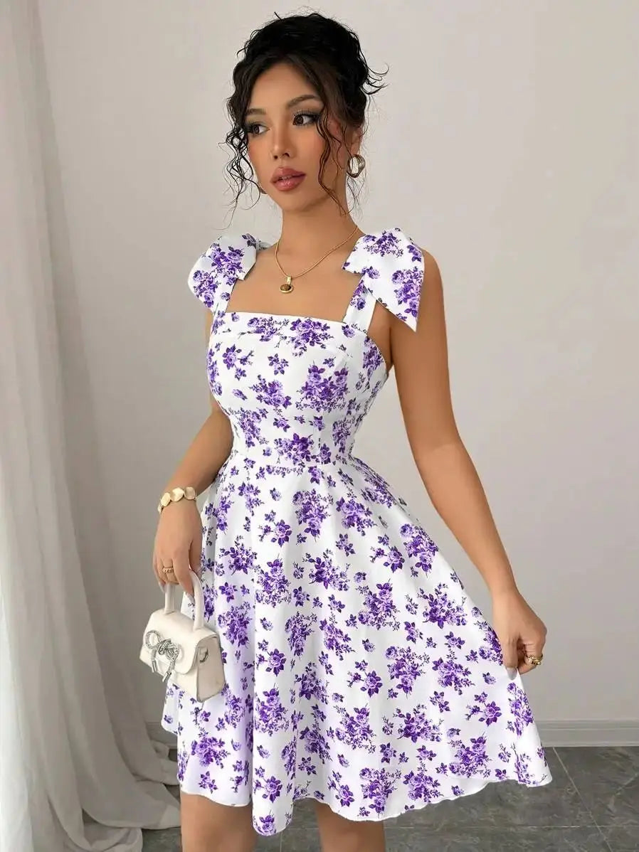 Floral Shoulder Tie Bow Waisted A-Line Dress