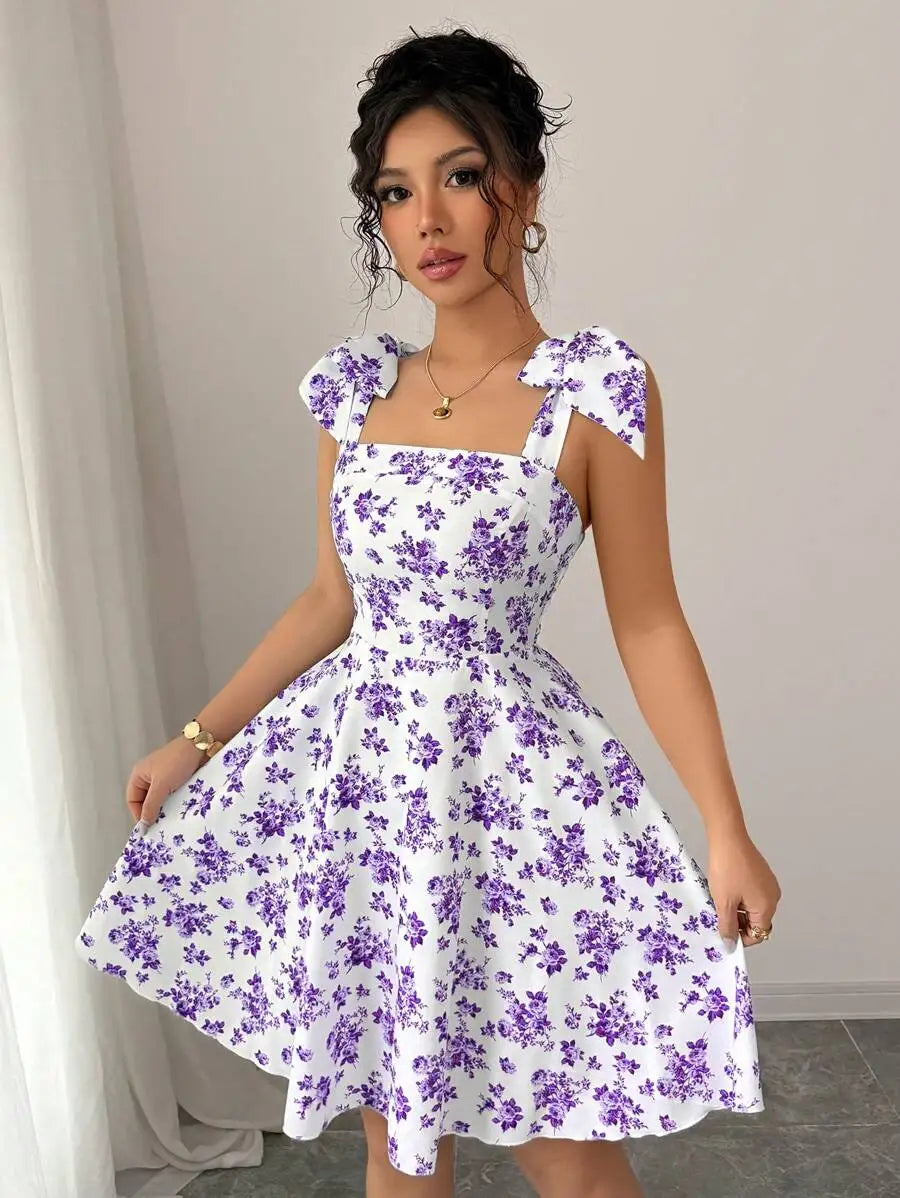 Floral Shoulder Tie Bow Waisted A-Line Dress