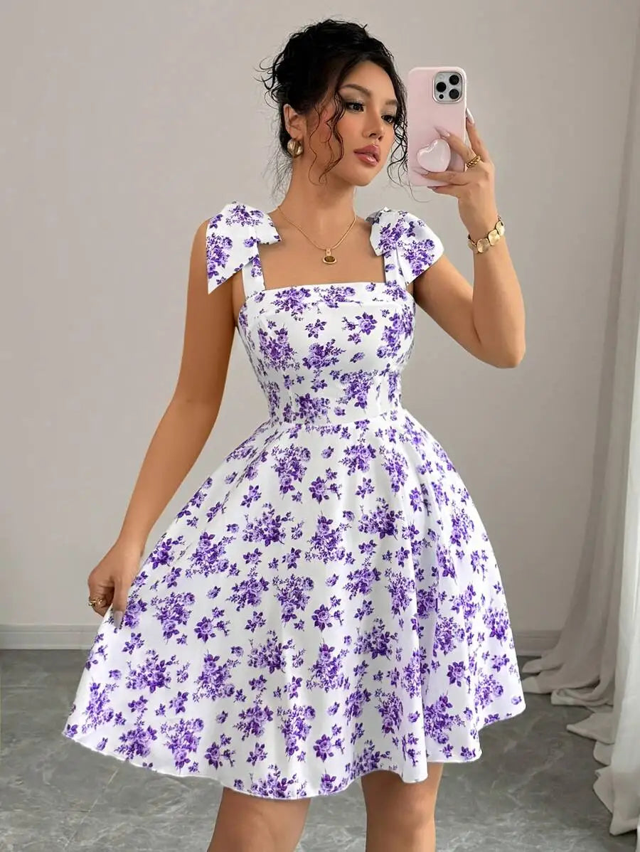 Floral Shoulder Tie Bow Waisted A-Line Dress
