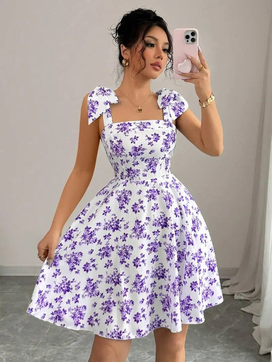 Floral Shoulder Tie Bow Waisted A-Line Dress