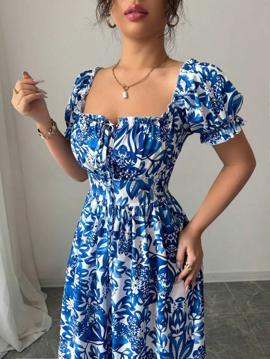 Elegant Women's Floral Print Bubble Sleeve Dress