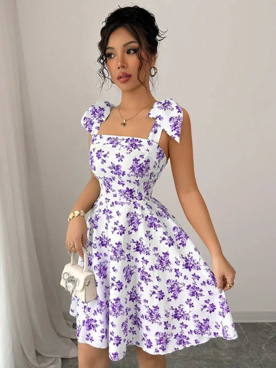 Floral Shoulder Tie Bow Waisted A-Line Dress