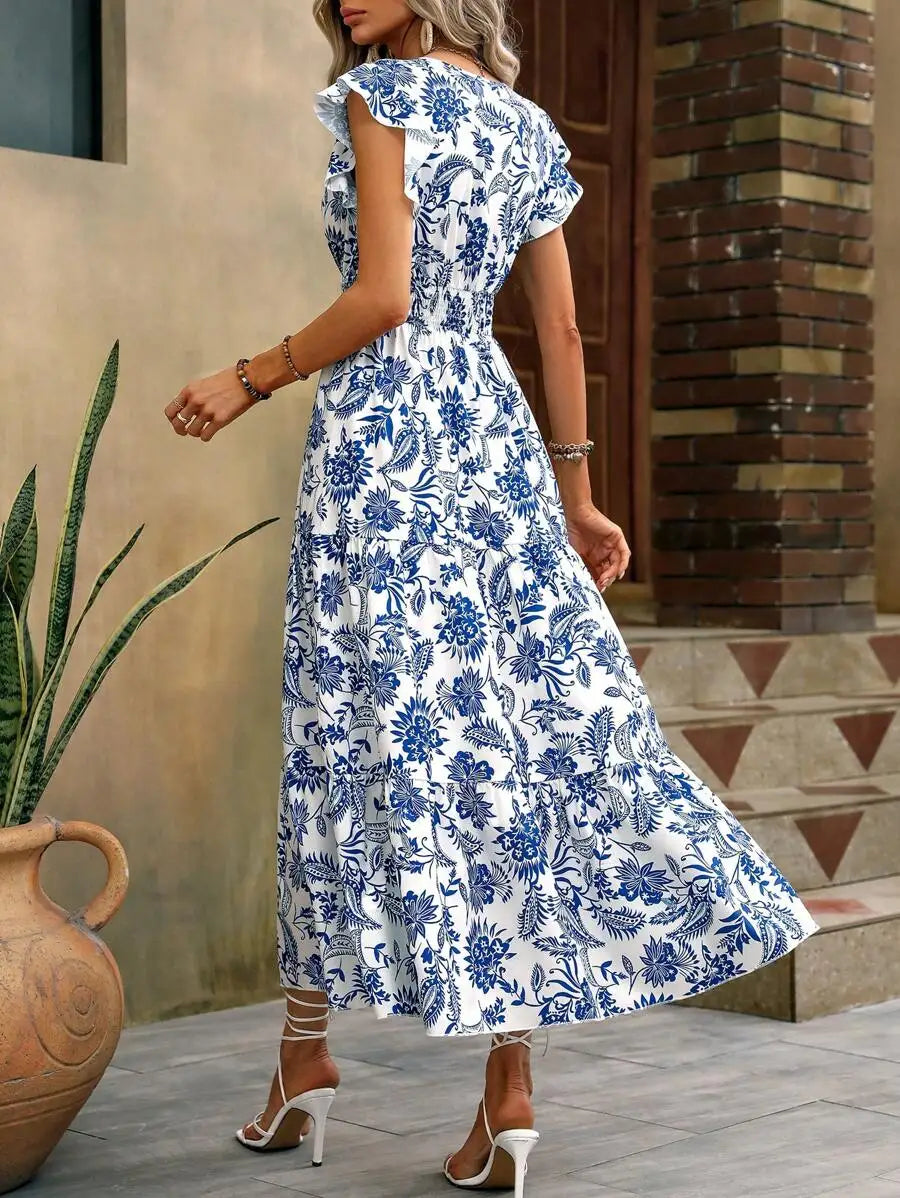 New Floral Print Butterfly Long Dress