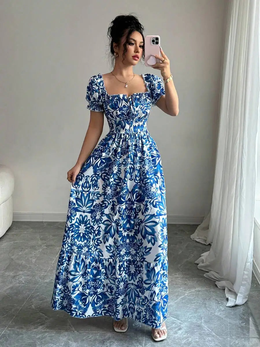 Elegant Women's Floral Print Bubble Sleeve Dress