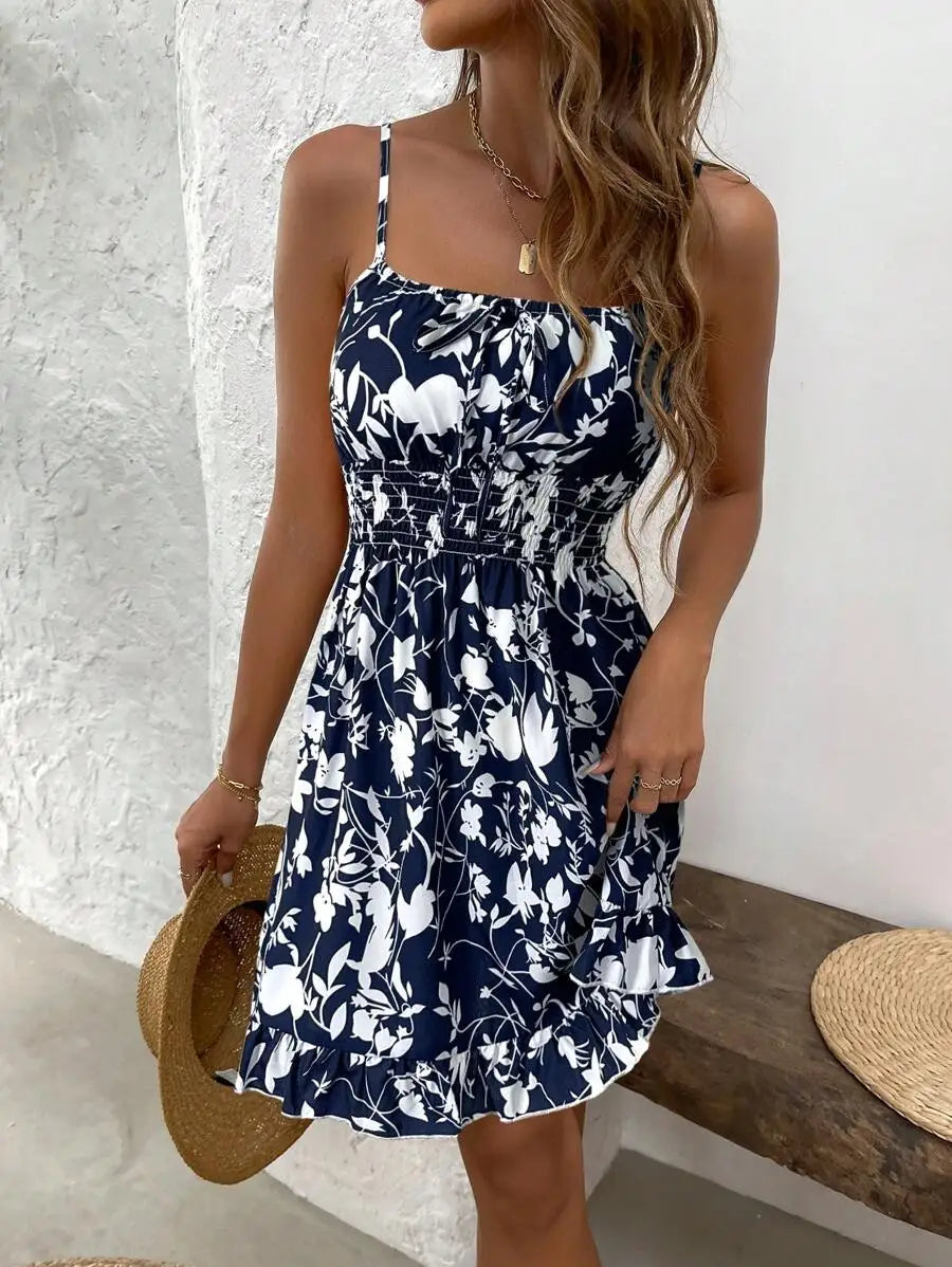 Vintage Floral Print Tie-Up Slip Dress