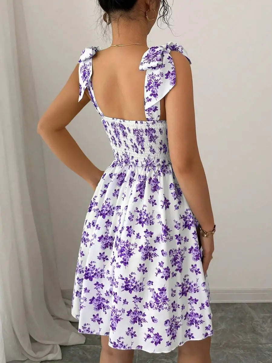 Floral Shoulder Tie Bow Waisted A-Line Dress