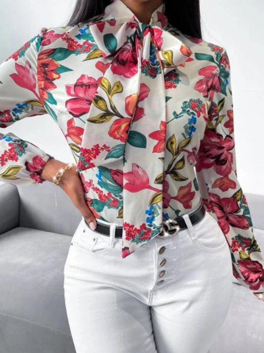 Women's Floral Print Bow Tie Shirt