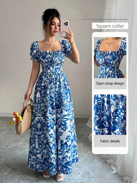 Elegant Women's Floral Print Bubble Sleeve Dress