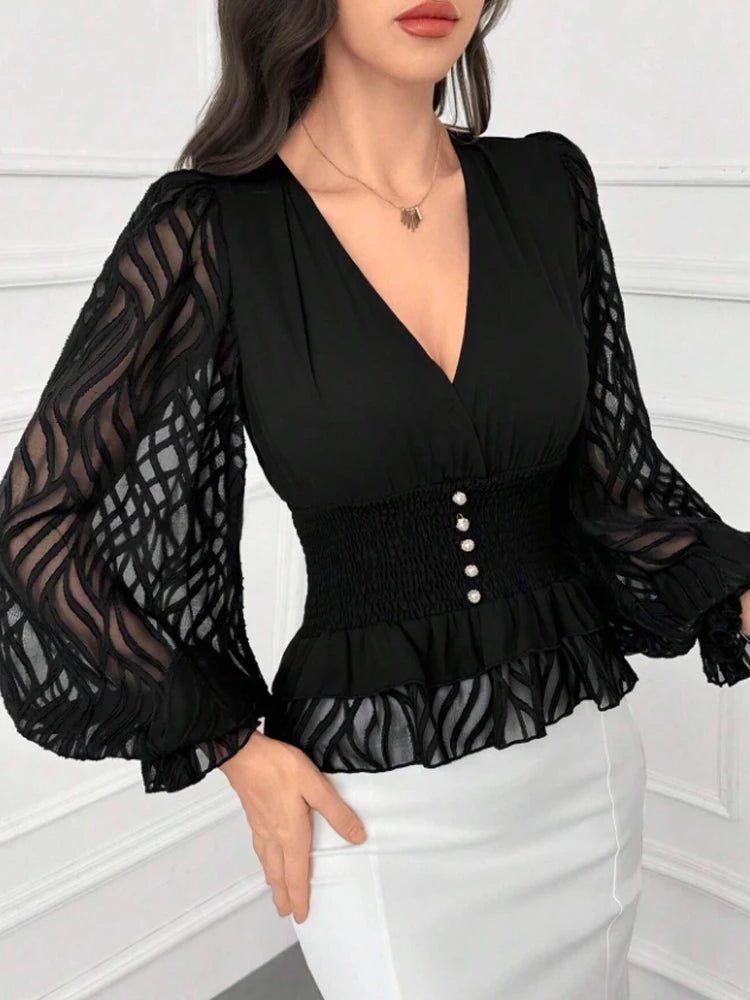 Women's V Neck Lantern Sleeve Waist Shirt