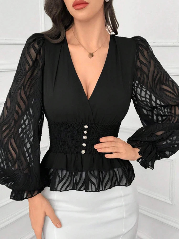Women's V Neck Lantern Sleeve Waist Shirt